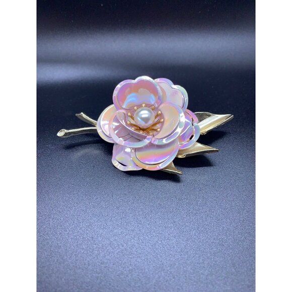 Estate Jewelry - Enamel On Metal Flower Brooch Pink Iridescent Gold-tone Leaf Faux Pearl Vintage